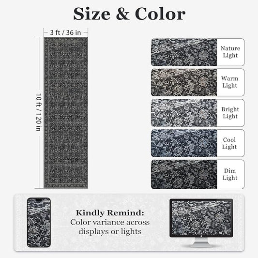 Washable Runner Rug 3x10, Vintage Farmhouse Dark Hallway Runner for Kitchen Floor Non Slip, Low Pile Thin Long Carpet Runner for Entryway Corridor Mudroom Foyer, Midnight