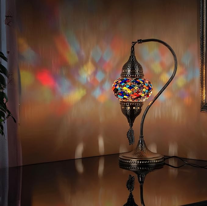 DEMMEX Turkish Moroccan Table Lamp, Swan Neck Tiffany Style Mosaic Glass Table Desk Bedside Lamp for Bedroom, Living Room – Handcrafted in Turkey, Multicolor