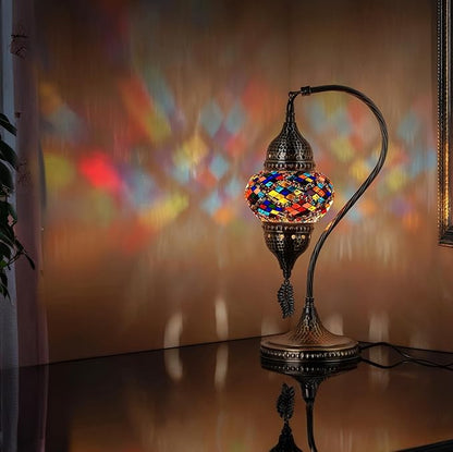 DEMMEX Turkish Moroccan Table Lamp, Swan Neck Tiffany Style Mosaic Glass Table Desk Bedside Lamp for Bedroom, Living Room – Handcrafted in Turkey, Multicolor