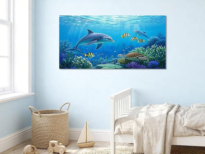 Ardemy Ocean Life Wall Art 40"x20" Picture, Waterproof Canvas Print with Dolphins and Sea Turtles, Underwater Scene for Bathroom, Kids Room, Living Room Coastal Decor