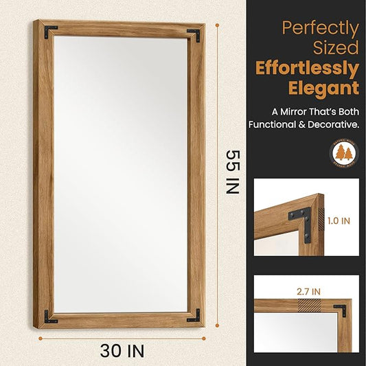 TRAHOME Full Length Mirror with Wooden Frame, 55"X30" Solid Wood Standing Floor Mirror for Farmhouse, Bathroom, Bedroom Decor, Hanging or Leaning Wall-Mounted