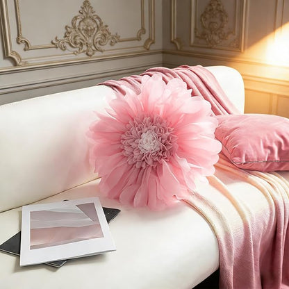 Handmade 3D Flower Round Throw Pillow Cute Decorative Daisy Accent Cushion Elegant Soft Floral Pillow with Insert for Couch Chair Car Bed Living Room Home Decor 14Inch Pink and White