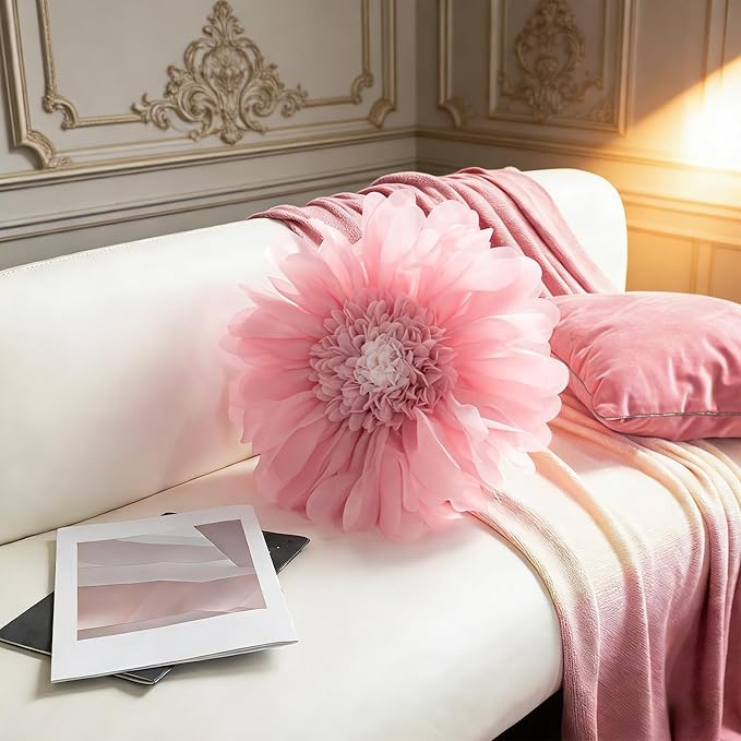 Pink Flower Pillow Cute Decorative Flower Round Shaped Throw Pillows Handmade 3D Daisy Floral Accent Pillow Soft Elegant Cushion for Bed Couch Sofa Chair Bedroom Living Room Home Decor 12Inch