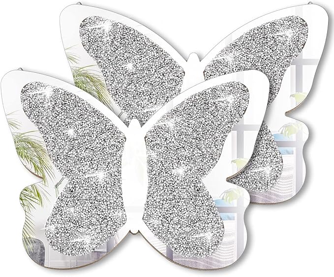 Vesici 2 Pieces Butterfly Shaped Mirror Crystal Crushed Diamond Silver Mirror Silver Wall Decor for Living Room Modern Decorative Artwork for Nursery Wedding Decor(11.8 x 8.8 Inch)