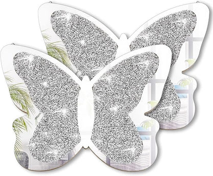 Vesici 2 Pieces Butterfly Shaped Mirror Crystal Crushed Diamond Silver Mirror Silver Wall Decor for Living Room Modern Decorative Artwork for Nursery Wedding Decor(11.8 x 8.8 Inch)