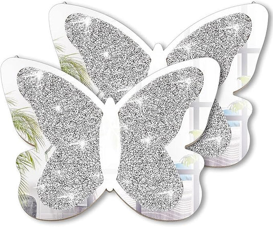 Vesici 2 Pieces Butterfly Shaped Mirror Crystal Crushed Diamond Silver Mirror Silver Wall Decor for Living Room Modern Decorative Artwork for Nursery Wedding Decor(11.8 x 8.8 Inch)