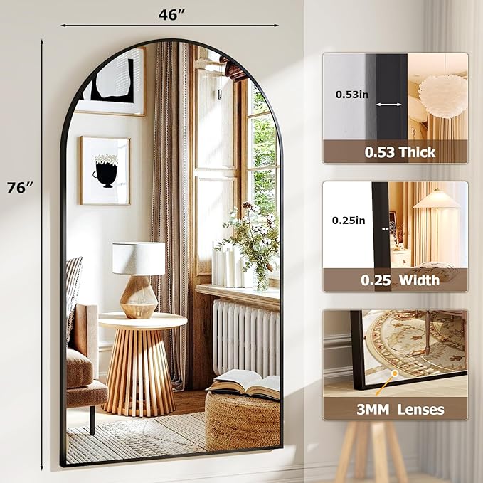Easly 46"x76" Extra Large Arched Full Length Mirror - Leaning Mirror Arch Wall-Mounted Mirrors - Aluminum Alloy Frame Modern Simple Home Decor - for Living Room Bedroom Cloakroom