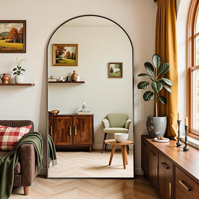 Full Length Mirror, 76"x44" Arched Full Body Mirror, Oversized Floor Mirrors, Leaning Free Standing Mirrors, Hanging Mounted Large Mirrors for Bedroom Dressing Room, Cloakroom, Black