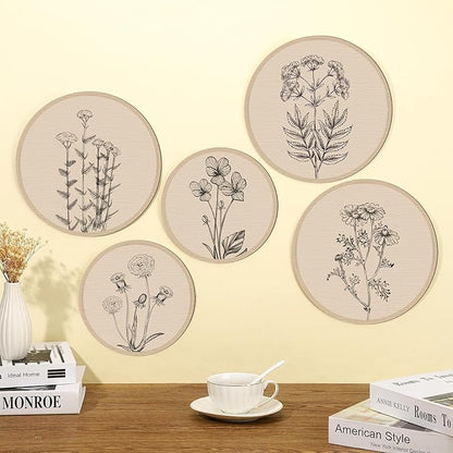 Qunclay 5 Pcs Wall Art Decor Wooden Living Room Wall Decor Bohemian Hanging Farmhouse Geometric 10'' and 8'' Aesthetic Wood Minimalist Posters for Bedroom(Floral)