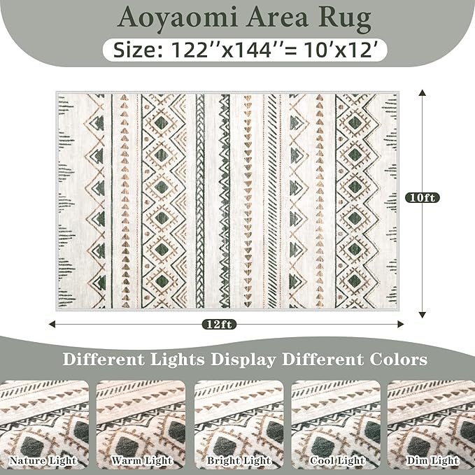 Area Rug for Living Room 10x12: Large Washable Boho Moroccan Rugs Geometric Neutral Rug, Non-Slip Foldable Morden Farmhouse Indoor Floor Carpet for Bedroom Dining Room Home Office（Brown Green,10'x12'）