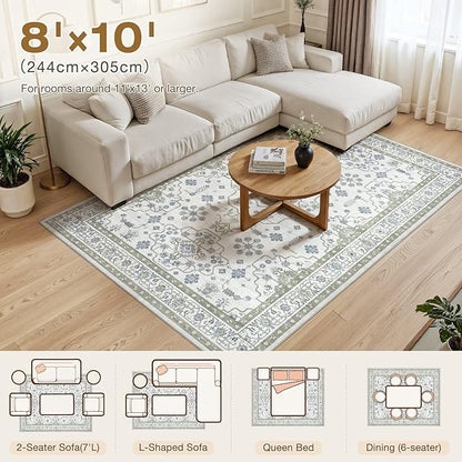 Area Rug 8x10 for Living Room - Washable Oriental Vintage Floral Distressed Large Indoor Carpets with Non Slip Back for Bedroom Dining Room Nursery Office Home Decor -Light Green