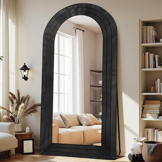 Antok Full Length Mirror with Solid Wood Frame, 76"×34" Wall Mounted Oversized Floor Mirror with Stand, Leaning Standing Hanging for Bedroom Living Room Entryway, Black, Arched Syle