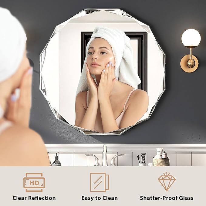 Bathroom Mirrors for Over Sink, Round Frameless Mirrors for Wall, 30x30 Inch Beveled Bathroom Mirror, Bathroom Vanity Circle Mirror for Bedroom Living Room Entryway Home Decor