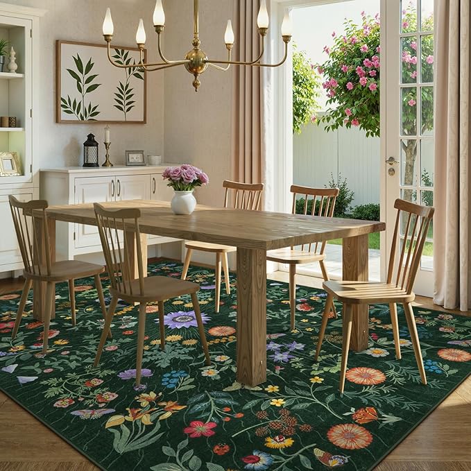LIVEBOX Sunflower Botanical Washable 8x10 Area Rugs, Green Rug for Living Room, Non Slip Rugs for Bedroom, Boho Floral Indoor Throw Dining Room Carpet for Under Table Home Office Nursery Playroom