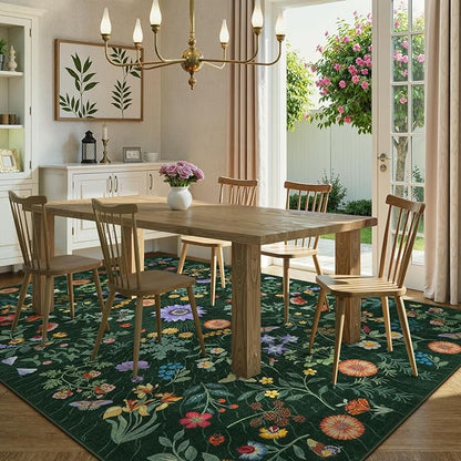 LIVEBOX Sunflower Botanical Washable 8x10 Area Rugs, Green Rug for Living Room, Non Slip Rugs for Bedroom, Boho Floral Indoor Throw Dining Room Carpet for Under Table Home Office Nursery Playroom