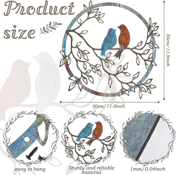 Ferraycle Metal Wall Art Bird on Tree Branch Silhouette Bird Hanging Ornament Porch Wall Decor for Living Room Outdoor Garden Bedroom Office Housewarming Party Decoration(Retro Color)