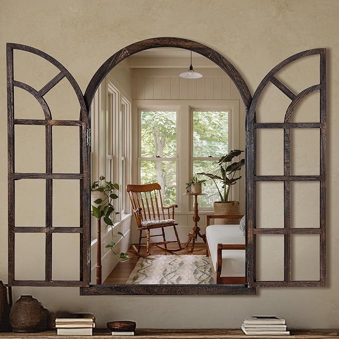 Arched Wall Mirror with Window Pane Design 36x24 Inch Rustic Farmhouse Wood Decorative Mirror for Living Room Bedroom Entryway