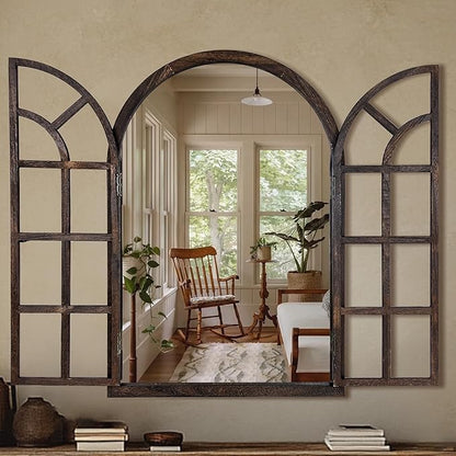 Arched Wall Mirror with Window Pane Design 36x24 Inch Rustic Farmhouse Wood Decorative Mirror for Living Room Bedroom Entryway