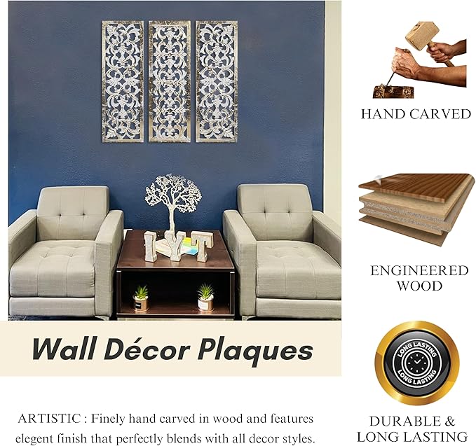 The Wooden Town Wall Hanging Plaques Set of 3-36x12 Decorative Wall Art Panels, Gold Foil on White Wood - Elegant Sculpture Wall Décor for Living Room, Bedroom, Office, or Entryway