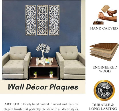 The Wooden Town Wall Hanging Plaques Set of 3-36x12 Decorative Wall Art Panels, Gold Foil on White Wood - Elegant Sculpture Wall Décor for Living Room, Bedroom, Office, or Entryway