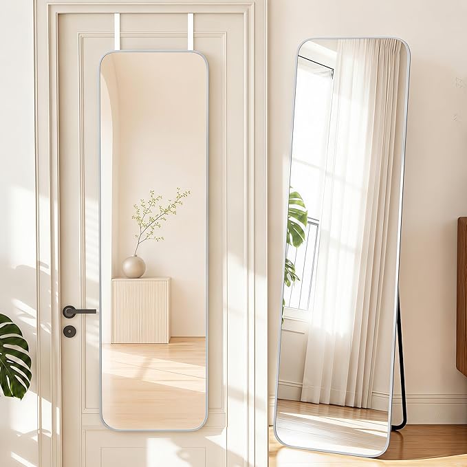 NARCISSUS 57x16 Mirror Door Hanging Full Length Body with Floor Stand or Wall Mounted Metal Aluminum Frame Tempered Glass Rectangle Mirrors for Bedroom Dressing Living Room Bathroom 57 inch Silver