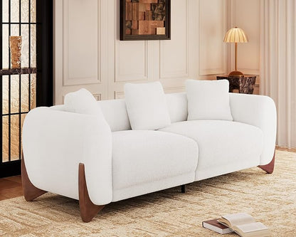 Morden Fort 3 Piece Cloud Couch Set, Modern Sherpa Boucle Sofa with Wood Legs, Skin-Friendly Minimalist Upholstered Comfy Couch Sofa for Living Room, 3-Seater+Off White Chair+Forest Green Chair