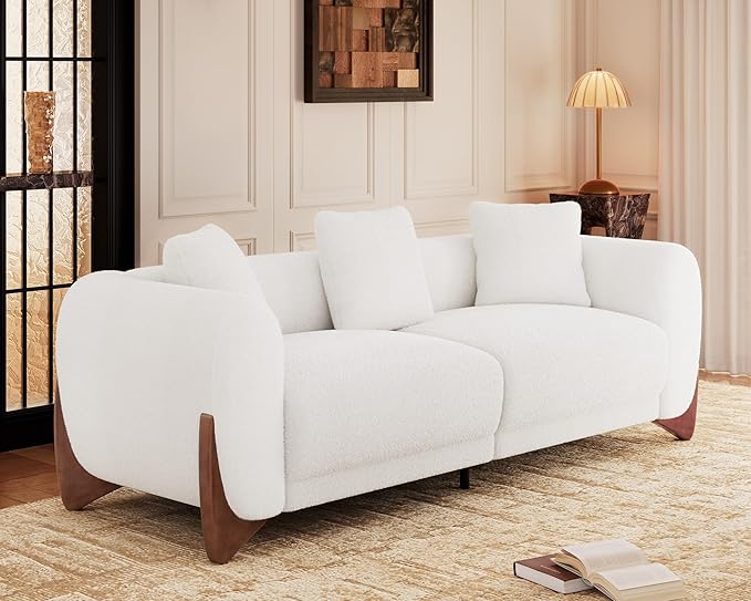 Morden Fort 2 Piece Cloud Couch Set, Modern Sherpa Boucle Sofa Set with Wood Legs, Skin-Friendly Minimalist Upholstered Comfy Couch Sofa for Living Room, White 3-Seater & Geen Tilt Back Chair Mix