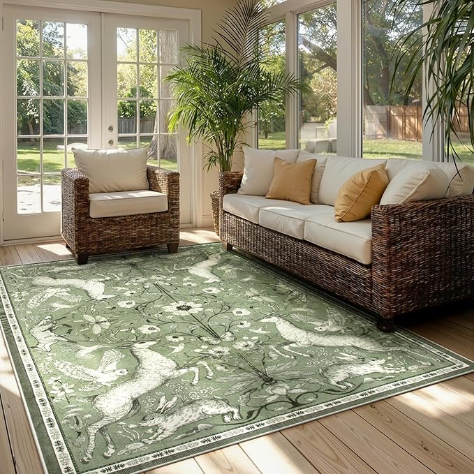 Lahome Dorval 6x9 Washable Deer Rug, Boho Woodland Nature Area Rug, Non Slip Low Pile Soft Green Carpet for Living Room Dining Room Bedroom Office Nursery Cottagecore Decor