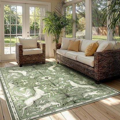 Lahome Dorval 6x9 Washable Deer Rug, Boho Woodland Nature Area Rug, Non Slip Low Pile Soft Green Carpet for Living Room Dining Room Bedroom Office Nursery Cottagecore Decor
