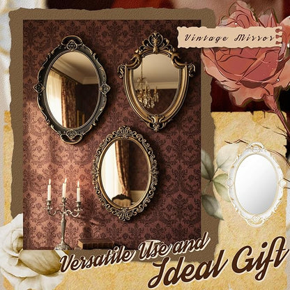 Beeveer 3 Style Vintage Mirrors Set Decorative Oval Wall Mirror Small Antique Mirrored Tray Decorative Hanging Mirror for Bathroom Bedroom Jewelry Organizer Victorian Decor (Shield,Antique Gold)