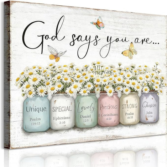Inspirational Bible Verse Wall Art God Says You Are Sayings Wall Decort Christian Gift Quotes Painting scripture Pictures Print Flowers in Mason Jar Poster for Women Girls Bedroom(24x36 Canvas)