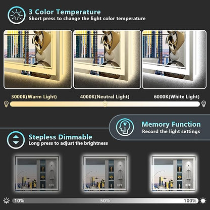 30x36 LED Bathroom Mirror with Lights, Backlit and Front Lit Anti-Fog Lighted Vanity Mirrors for Bathroom Wall, Dimmable, 3-Color Light, Memory, Shatter-Proof, HD Tempered Glass, CRI＞90