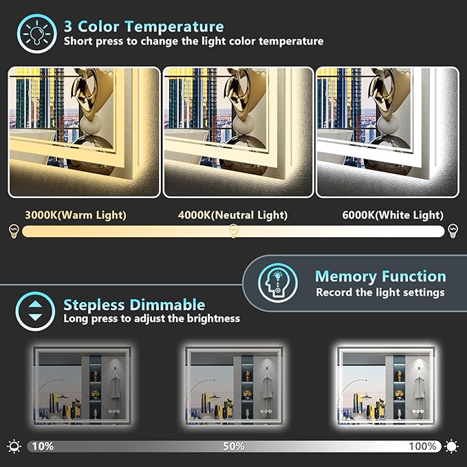 40x38 LED Bathroom Mirror with Lights, Backlit and Front Lit Anti-Fog Lighted Vanity Mirrors for Bathroom Wall, Dimmable, 3-Color Light, Memory, Shatter-Proof, HD Tempered Glass, CRI＞90
