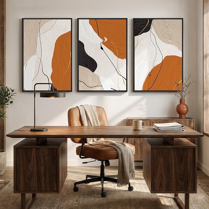 Framed Orange Abstract Wall Art for Living Room, 3 Piece Modern Minimalist Canvas Print Artwork for Walls, Large Neutral Abstract Paintings Picture for Bedroom Office Dining Room Wall Decor, 24x36 In
