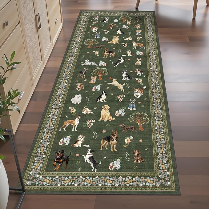 Runner Rug for Hallways Kitchen Rug 2x6, Non Slip Washable Dogs Rugs with Rubber Backing Soft Floral Dog Carpet Runner for Hallways, Kitchen, Laundry, Bedroom, Bathroom, Dark Green