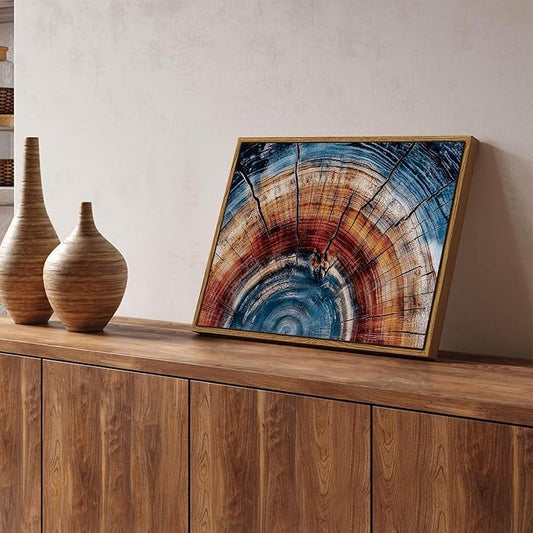 BingruiArt Framed Tree Ring Wall Art Blue and Red Boho Wall Decor Nature Print Wood Canvas Rustic Artwork Abstract Painting Modern Picture for Living Room Bedroom Bathroom 12"x16" Natural Framed(01)