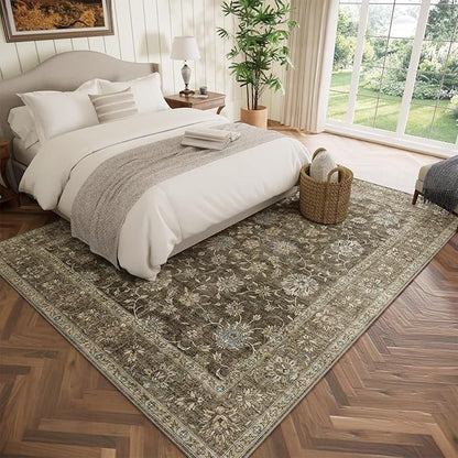 Washable 6x9 Area Rugs for Living Room, Boho Non-Slip Vintage Distress Large Rugs for Bedroom Dining Room Nursery Office, 0.3" Neutral Oriental Throw Thin Carpet, Tan/Flaxen/Multi, E2