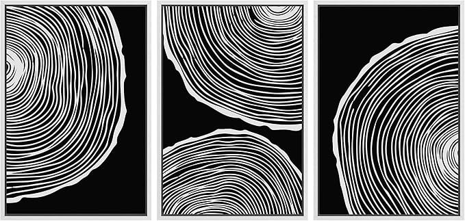 SIGNLEADER Framed Canvas Print Wall Art Set Duotone Geometric Wood Ring Circle Collage Abstract Shapes Illustrations Modern Art Boho Decorative for Living Room, Bedroom, Office - 16"x24"x3 WHITE