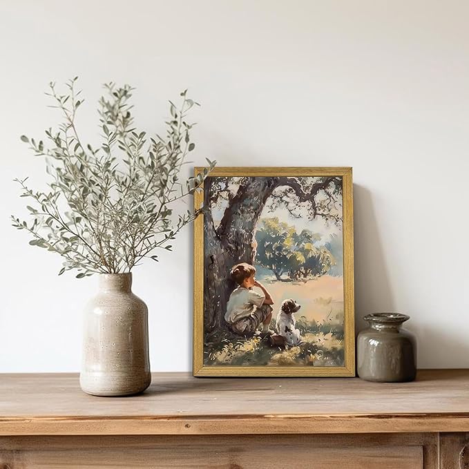 Wood Framed Canvas Wall Art, Vintage Boy and Dog Painting Poster, Countryside Pastoral Landscape Print Picture, Rustic Farmhouse Wall Decor for Living Room Bedroom Nursery 12x16 inch