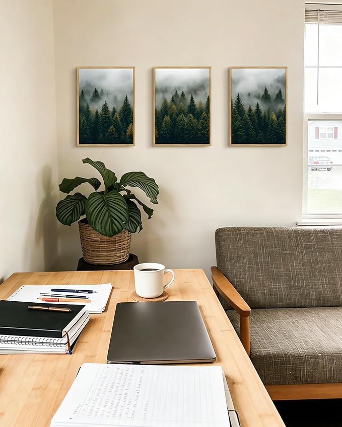 Drsoum Fog Pine Tree Landscape Wall Art Framed Nature Misty Nordic Forests Prints Morden Farmhouse Rustic Artwork Hallway Bathroom Ready to Hang 11x14in Natural Framed