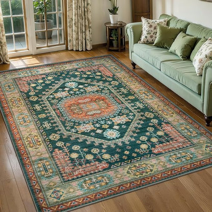Tangsoo Vintage 4x6 Rug for Living Room,Washable Indoor Area Rug Non-Slip Rubber Backing Mat,Yellow Green Multi Geometric Soft Low Pile Carpet for Front Porch Dining Room Patio Bedroom