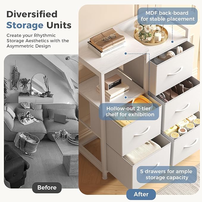 DUMOS TV Stands for Bedroom with 5 Drawers, 5-Drawer Chest of Drawers with Raised Shelf, Storage Tower with Fabric Bins for Closet Organization, Hallway Storage, Ivory