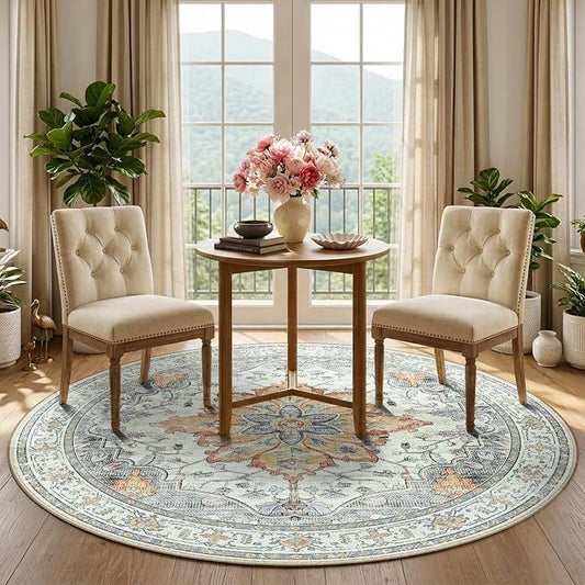 RELEANY Area Rugs Round 5ft Washable Non-Slip, Floral Vintage Distress Print Pattern Medallion Carpet for Living Room Bedroom Dining Room, Light Yellow Carbon Grey Orange