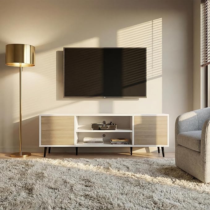 YESHOMY Mid-Century Modern TV Stand for 55-65 Inch TVs, 58 Inch Entertainment Center with Storage, Media Console with Push-to-Open Doors and Cable Management for Living Room, Bedroom(White and Beige)