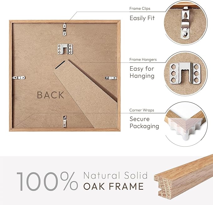 8x8 Picture Frames, Solid Oak Wood 8x8 photo Frame with Mat to 4x4(Openning Size is 3.5x3.5), Natural Oak 8x8 Picture Frames for Wall and Tabletop Display, Set of 3
