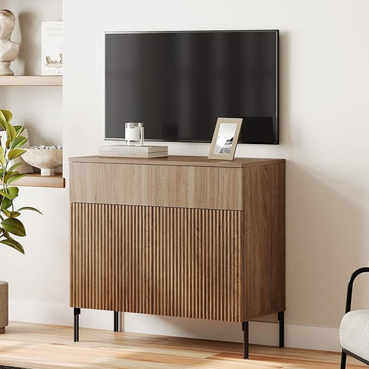 WAMPAT Fluted TV Stand TVs up to 35", 31.5" W Modern TV Entertainment Center with Storage Cabinets and 1 Drawers & 2 Doors, Wood Media TV Console Table with Storage for Living Room, Light Walnut