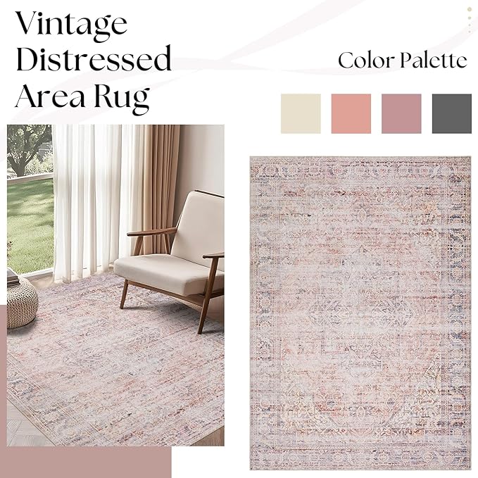 Large Living Room Rug 8x10 Machine Washable Pink Carpet for Bedroom Boho Vintage Area Rug Pink Floral Floor Covering Non Slip,Blush and Grey