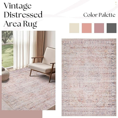Large Living Room Rug 8x10 Machine Washable Pink Carpet for Bedroom Boho Vintage Area Rug Pink Floral Floor Covering Non Slip,Blush and Grey