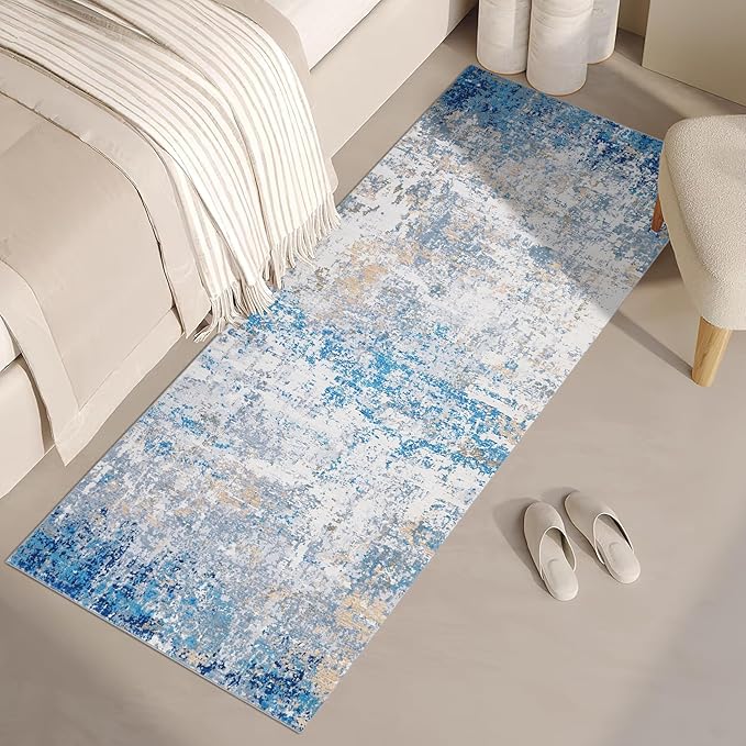 ROYHOME Modern Abstract 2x8 Runner Rug Non Slip Non Shedding Rug Low Pile Stain Resistant for Bedroom Hallway Kitchen,Blue/Grey