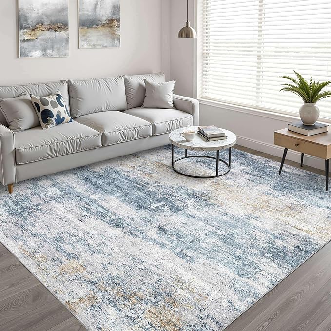 8x10 Area Rugs Living Room: Washable Large Neutral Rug Abstract Soft Modern Stain Resistant Indoor Floor Non-Slip Carpet for Bedroom Nursery Kids Office Playroom Dining Room Under Table- Blue Gold